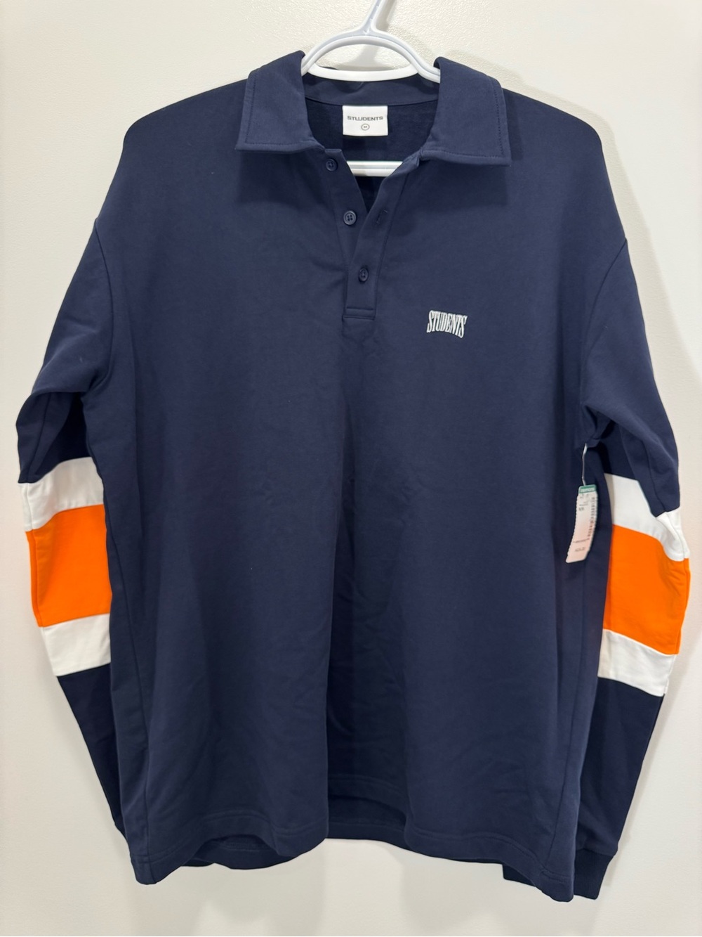 Students Men's Navy Long-Sleeve Polo with Orange & White Sleeve Accents